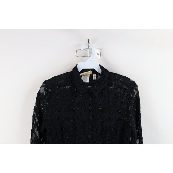 Vintage 90s Cache Womens Large Beaded Sheer Lace Button Cardigan Sweater Black - Picture 2 of 14